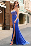 Royal Blue Corset Mermaid Slit Long Formal Dress with Beading