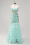 Green Mermaid Strapless Sheer Corset Ruffled Long Formal Dress with 3D Flowers