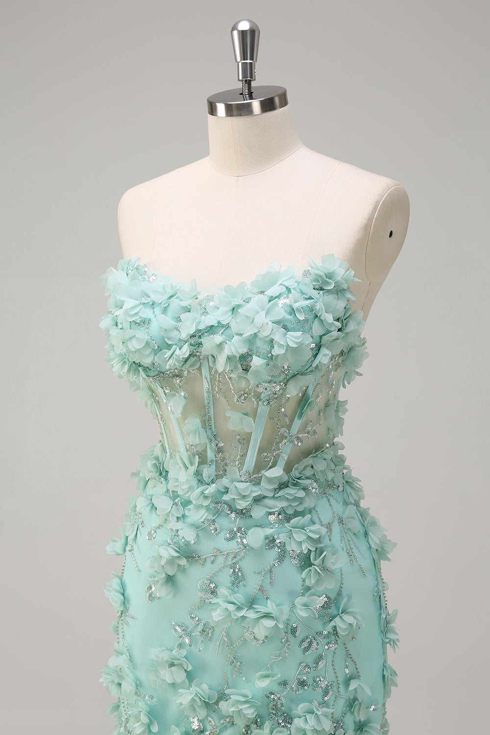 Green Mermaid Strapless Sheer Corset Ruffled Long Formal Dress with 3D Flowers