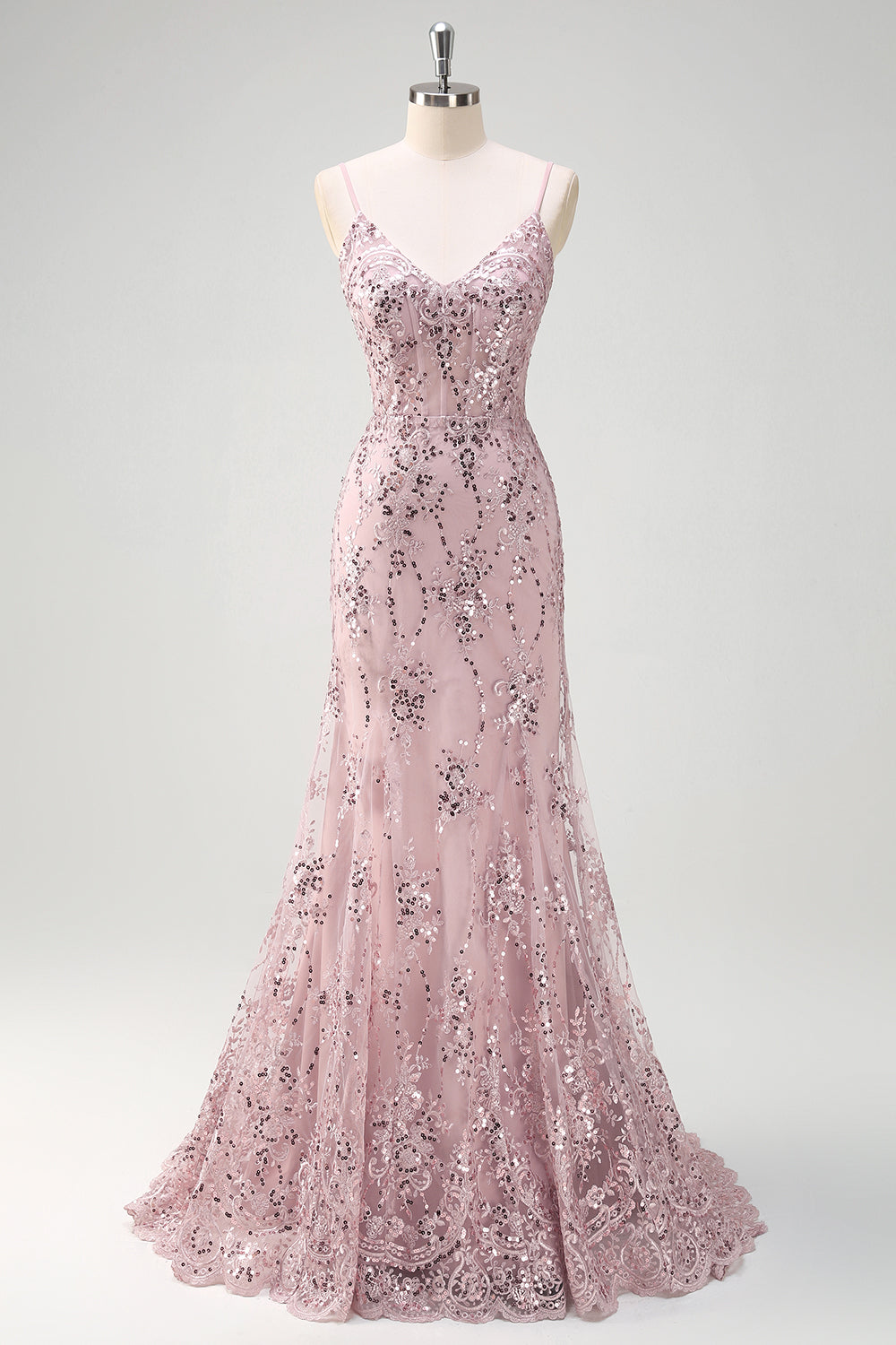 Zapaka Women Sparkly Grey Pink Formal Dress with Lace Up Back Mermaid V-Neck Sequined Evenig Dress