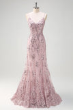 Zapaka Women Sparkly Grey Pink Formal Dress with Lace Up Back Mermaid V-Neck Sequined Evenig Dress