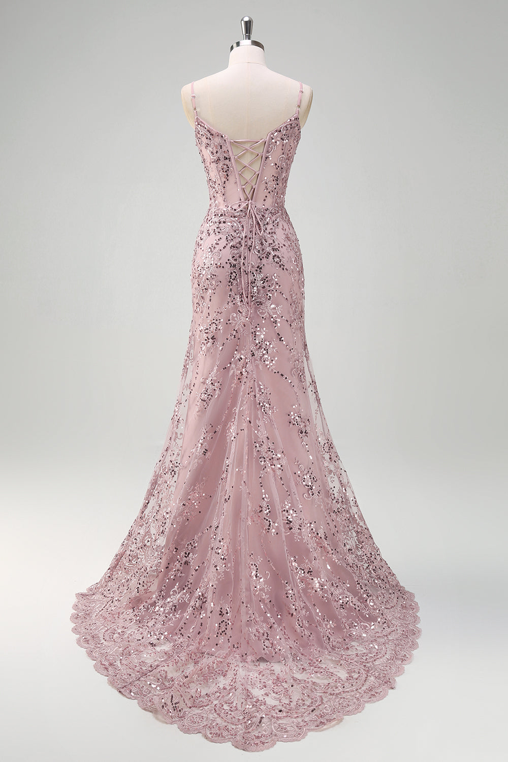 Sparkly Grey Pink Mermaid V-Neck Sequined Formal Dress with Lace Up Back