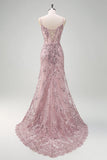 Sparkly Grey Pink Mermaid V-Neck Sequined Formal Dress with Lace Up Back