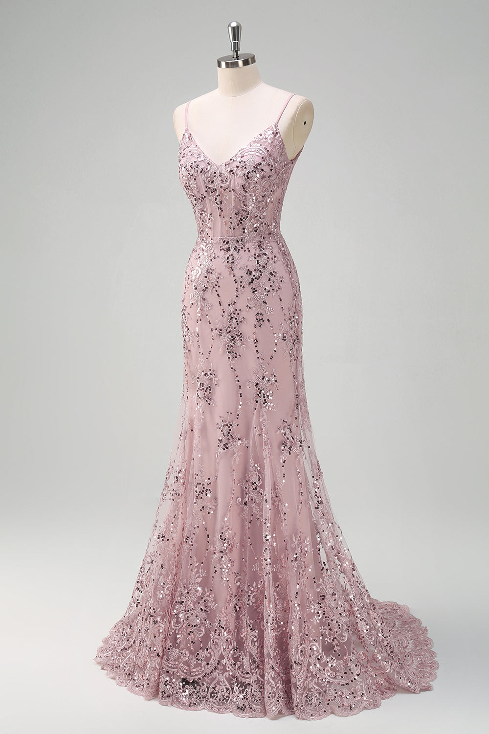 Sparkly Grey Pink Mermaid V-Neck Sequined Formal Dress with Lace Up Back