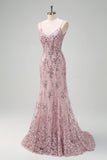 Sparkly Grey Pink Mermaid V-Neck Sequined Formal Dress with Lace Up Back