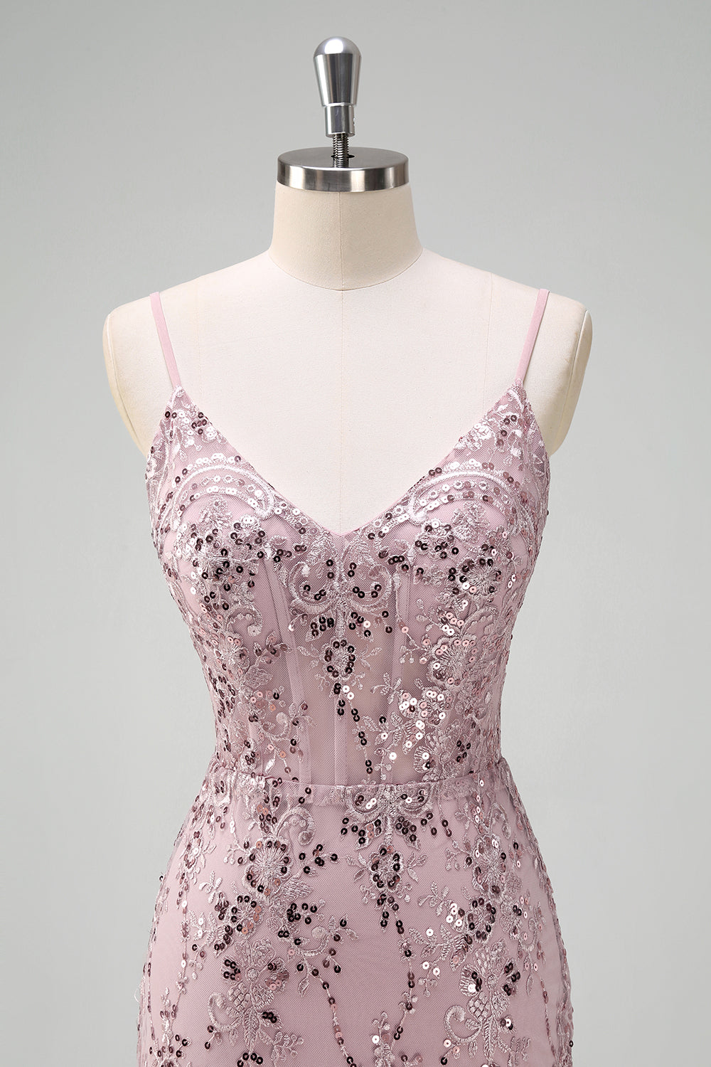Sparkly Grey Pink Mermaid V-Neck Sequined Formal Dress with Lace Up Back