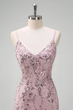 Sparkly Grey Pink Mermaid V-Neck Sequined Formal Dress with Lace Up Back