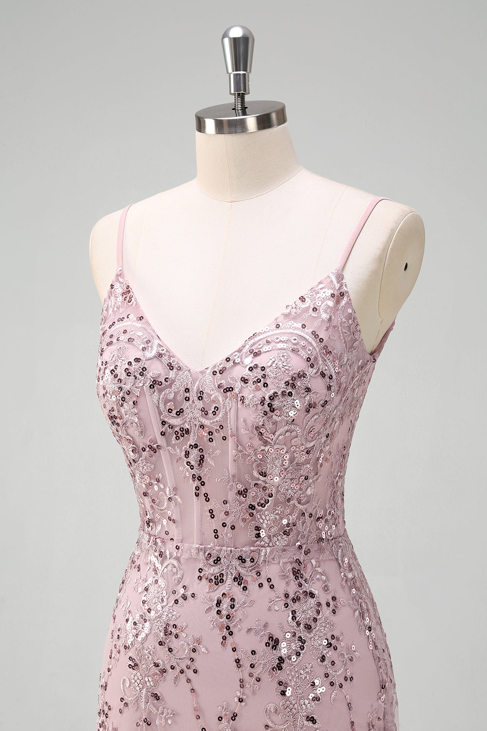 Sparkly Grey Pink Mermaid V-Neck Sequined Formal Dress with Lace Up Back
