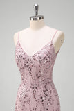Sparkly Grey Pink Mermaid V-Neck Sequined Formal Dress with Lace Up Back