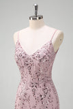 Sparkly Grey Pink Mermaid V-Neck Sequined Formal Dress with Lace Up Back