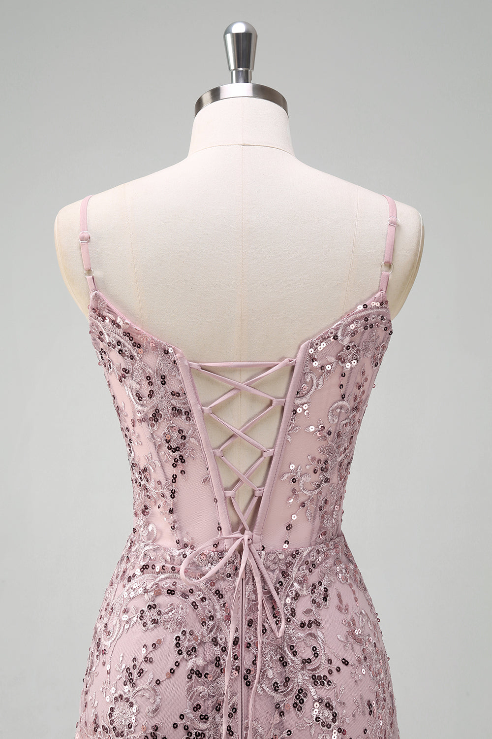 Sparkly Grey Pink Mermaid V-Neck Sequined Formal Dress with Lace Up Back