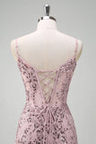 Sparkly Grey Pink Mermaid V-Neck Sequined Formal Dress with Lace Up Back
