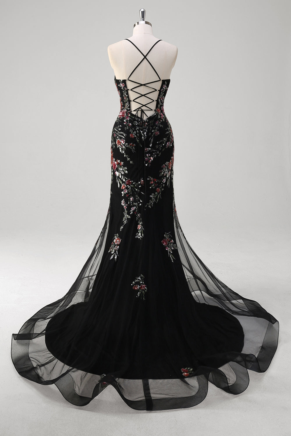 Black Mermaid Spaghetti Straps Appliqued Long Formal Dress With Sequins