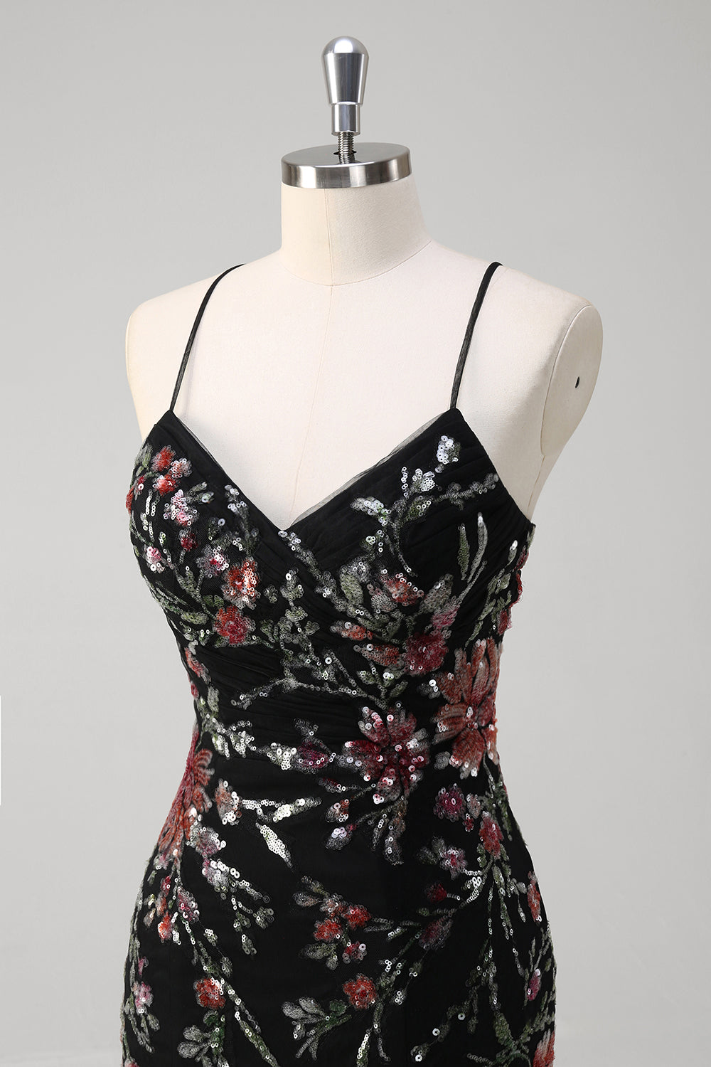 Black Mermaid Spaghetti Straps Appliqued Long Formal Dress With Sequins