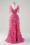 Fuchsia A Line V-Neck Tiered Floral Formal Dress with Slit