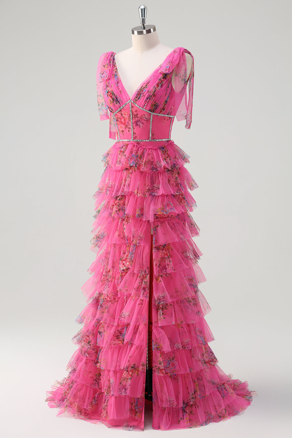Fuchsia A Line V-Neck Tiered Floral Formal Dress with Slit