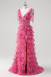Fuchsia A Line V-Neck Tiered Floral Formal Dress with Slit