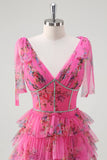 Fuchsia A Line V-Neck Tiered Floral Formal Dress with Slit
