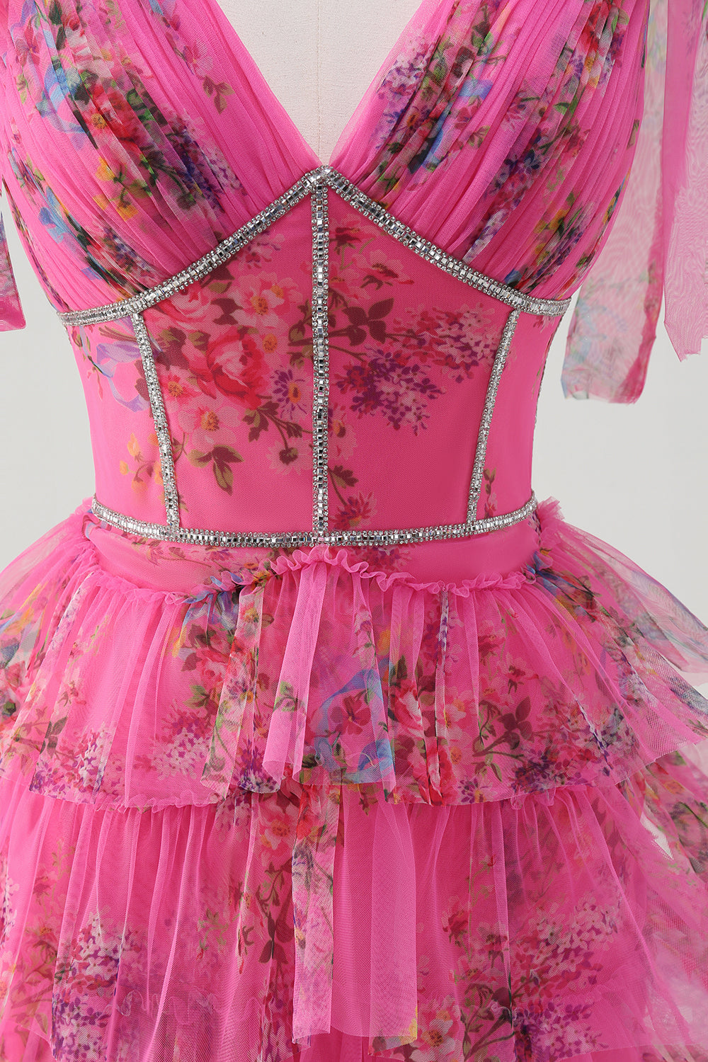 Fuchsia A Line V-Neck Tiered Floral Formal Dress with Slit