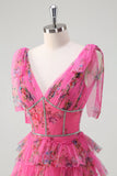Fuchsia A Line V-Neck Tiered Floral Formal Dress with Slit