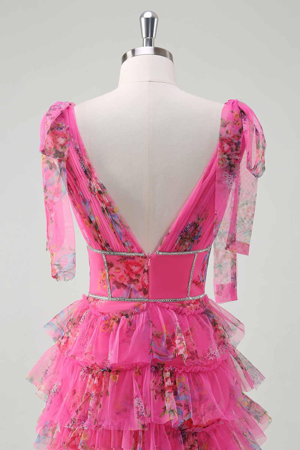 Fuchsia A Line V-Neck Tiered Floral Formal Dress with Slit