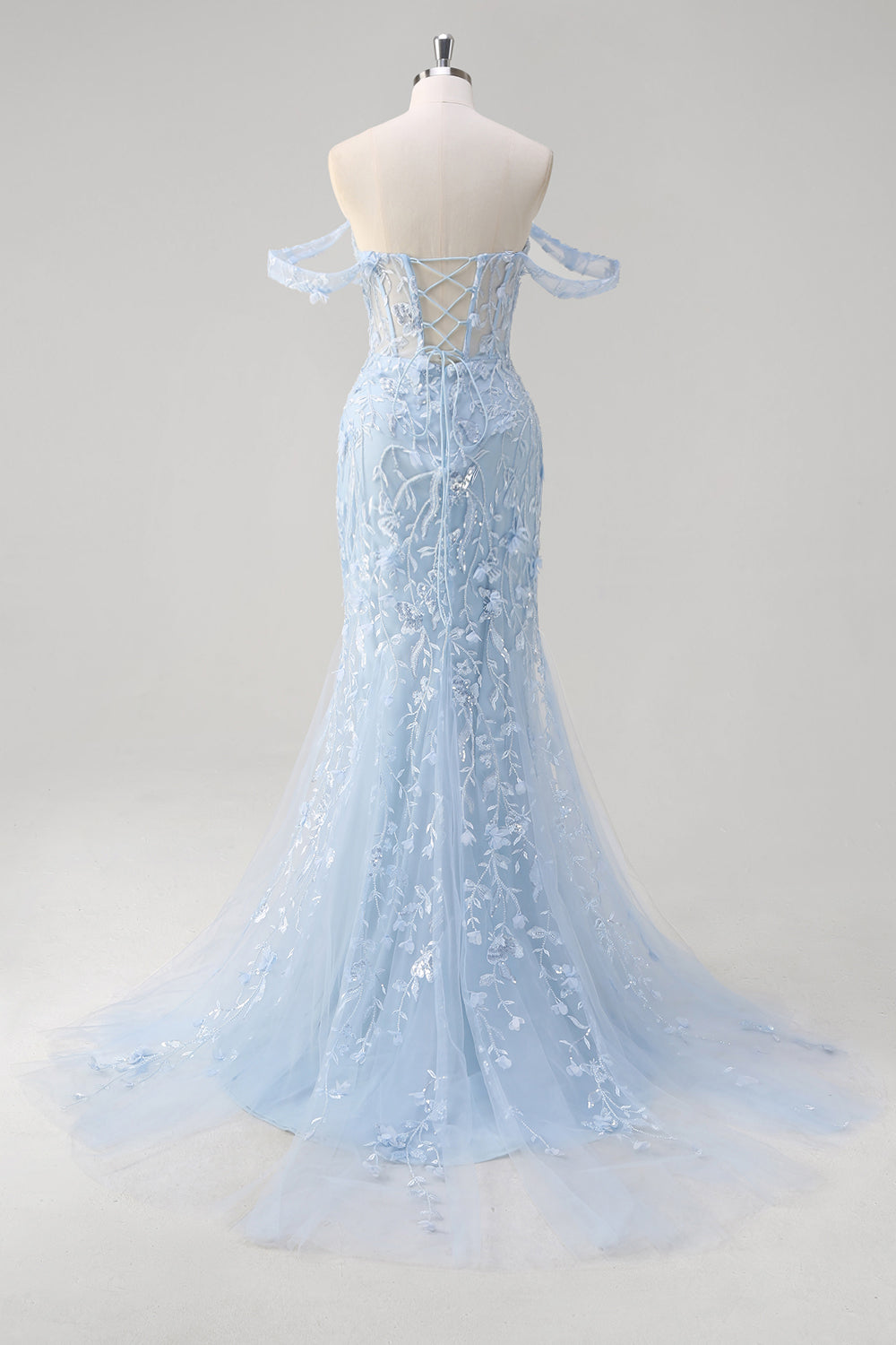 Mermaid Applique Off the Shoulder Corset Blue Formal Dress