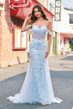 Mermaid Applique Off the Shoulder Corset Blue Formal Dress