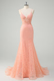 Orange Mermaid Spaghetti Straps Corset Sequined Formal Dress