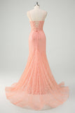 Orange Mermaid Spaghetti Straps Corset Sequined Formal Dress