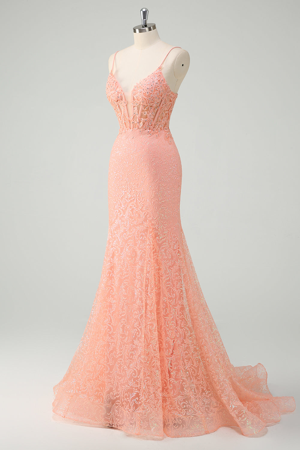 Orange Mermaid Spaghetti Straps Corset Sequined Formal Dress