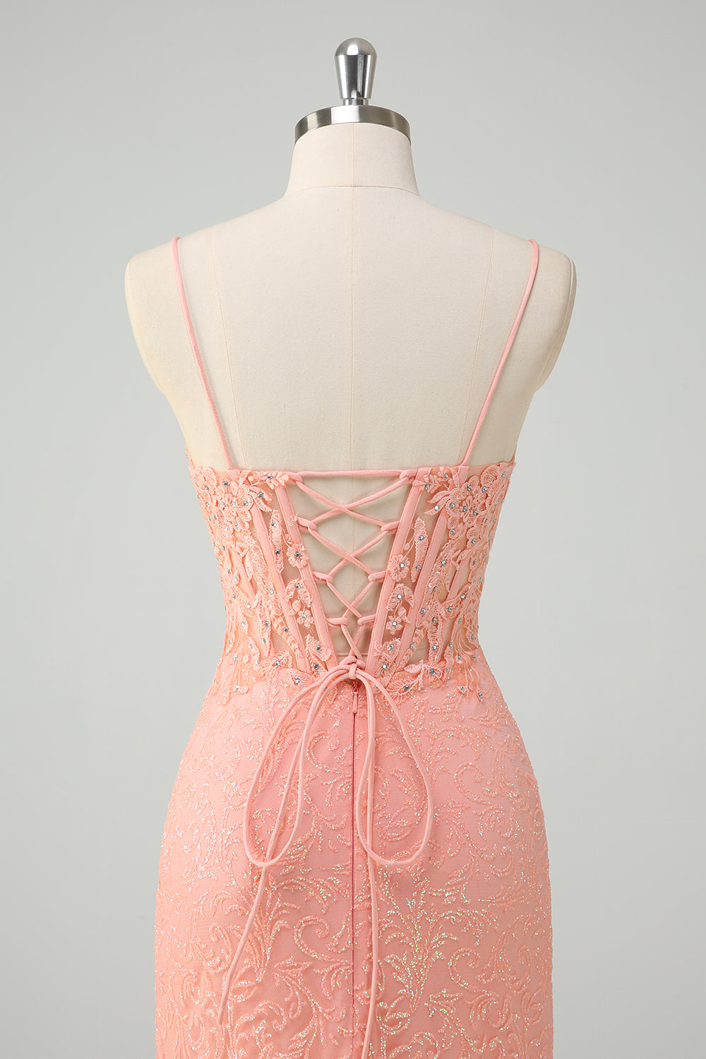 Orange Mermaid Spaghetti Straps Corset Sequined Formal Dress