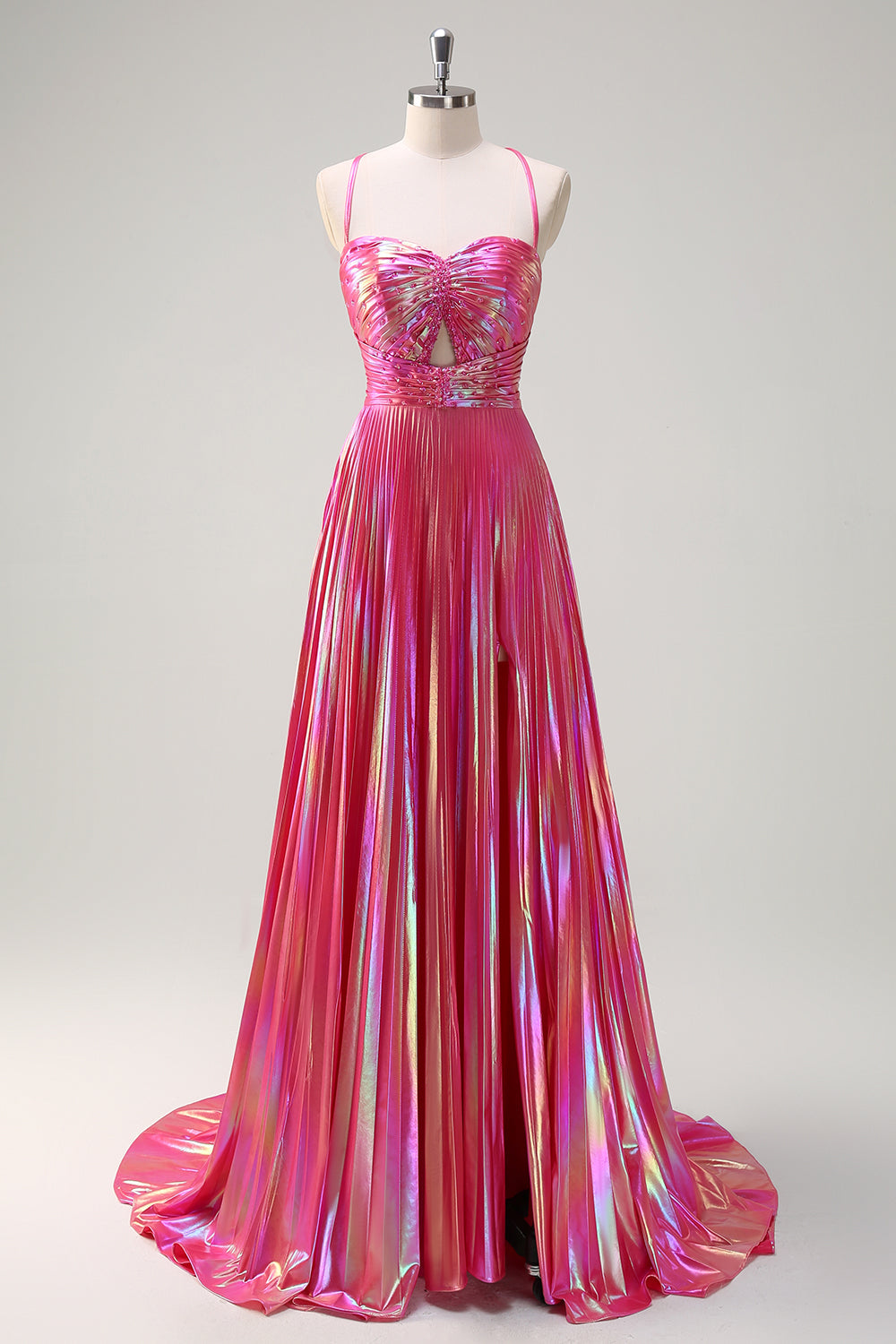 Fuchsia A-Line Spaghetti Straps Metallic Pleated Long Formal Dress with Slit