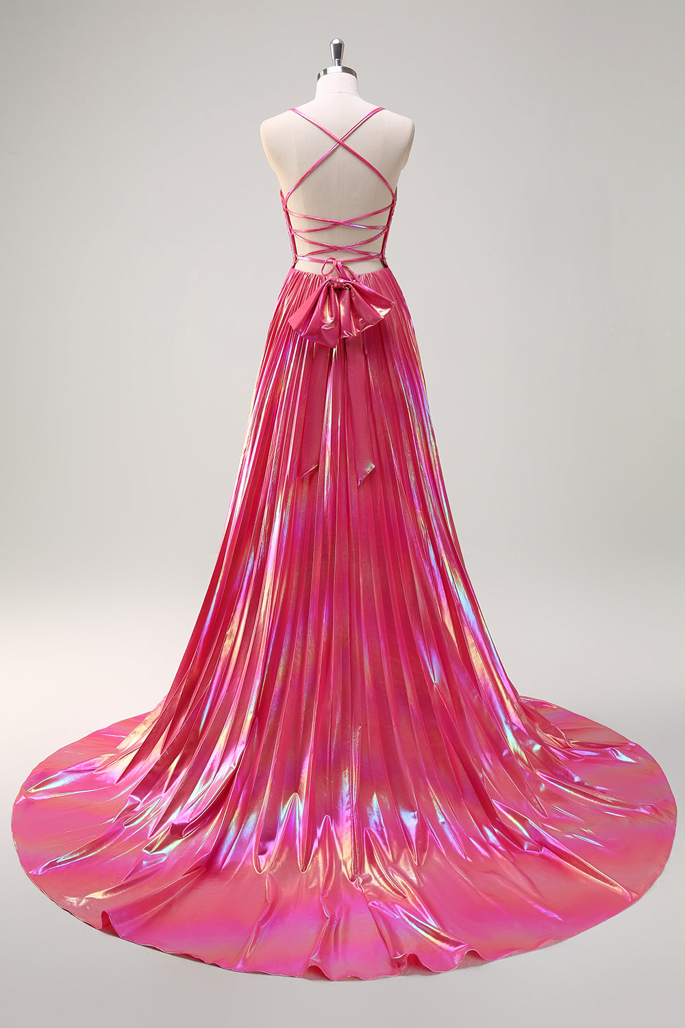 Fuchsia A-Line Spaghetti Straps Metallic Pleated Long Formal Dress with Slit