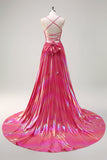 Fuchsia A-Line Spaghetti Straps Metallic Pleated Long Formal Dress with Slit