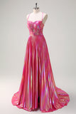 Fuchsia A-Line Spaghetti Straps Metallic Pleated Long Formal Dress with Slit
