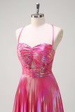 Fuchsia A-Line Spaghetti Straps Metallic Pleated Long Formal Dress with Slit