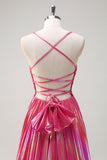 Fuchsia A-Line Spaghetti Straps Metallic Pleated Long Formal Dress with Slit