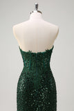 Sparkly Mermaid Sweetheart Dark Green Corset Sequins Lace Formal Dress with Slit