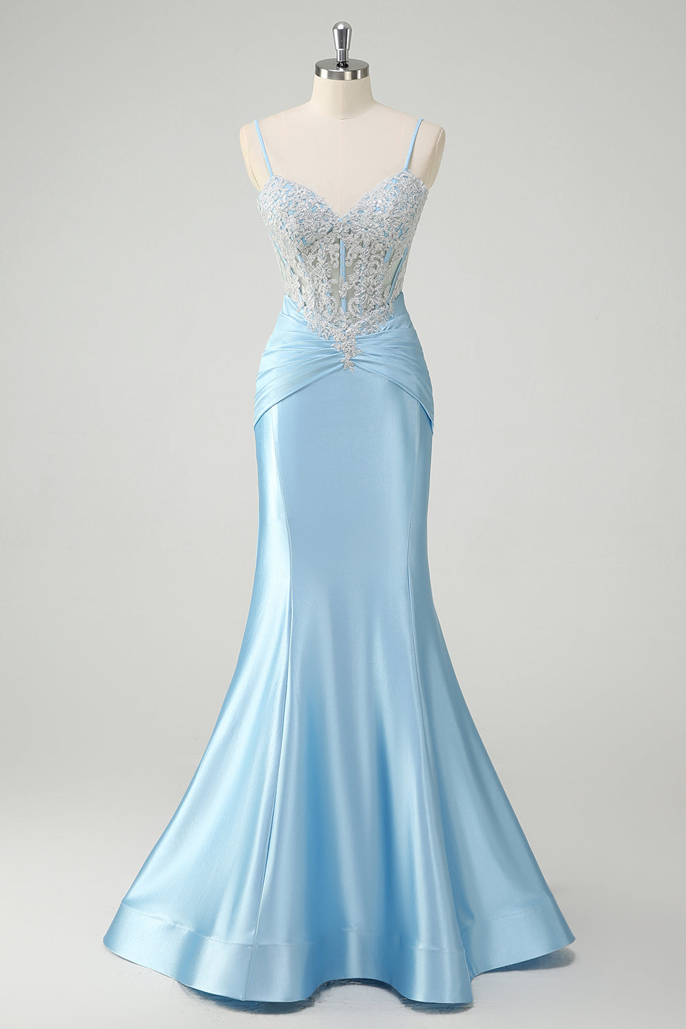 Blue Mermaid Spaghetti Straps Corset Appliqued Formal Dress