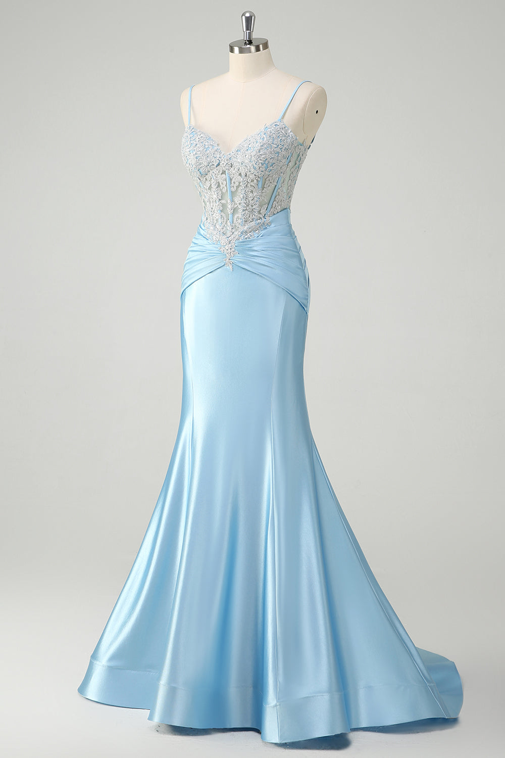 Blue Mermaid Spaghetti Straps Corset Appliqued Formal Dress