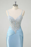 Blue Mermaid Spaghetti Straps Corset Appliqued Formal Dress