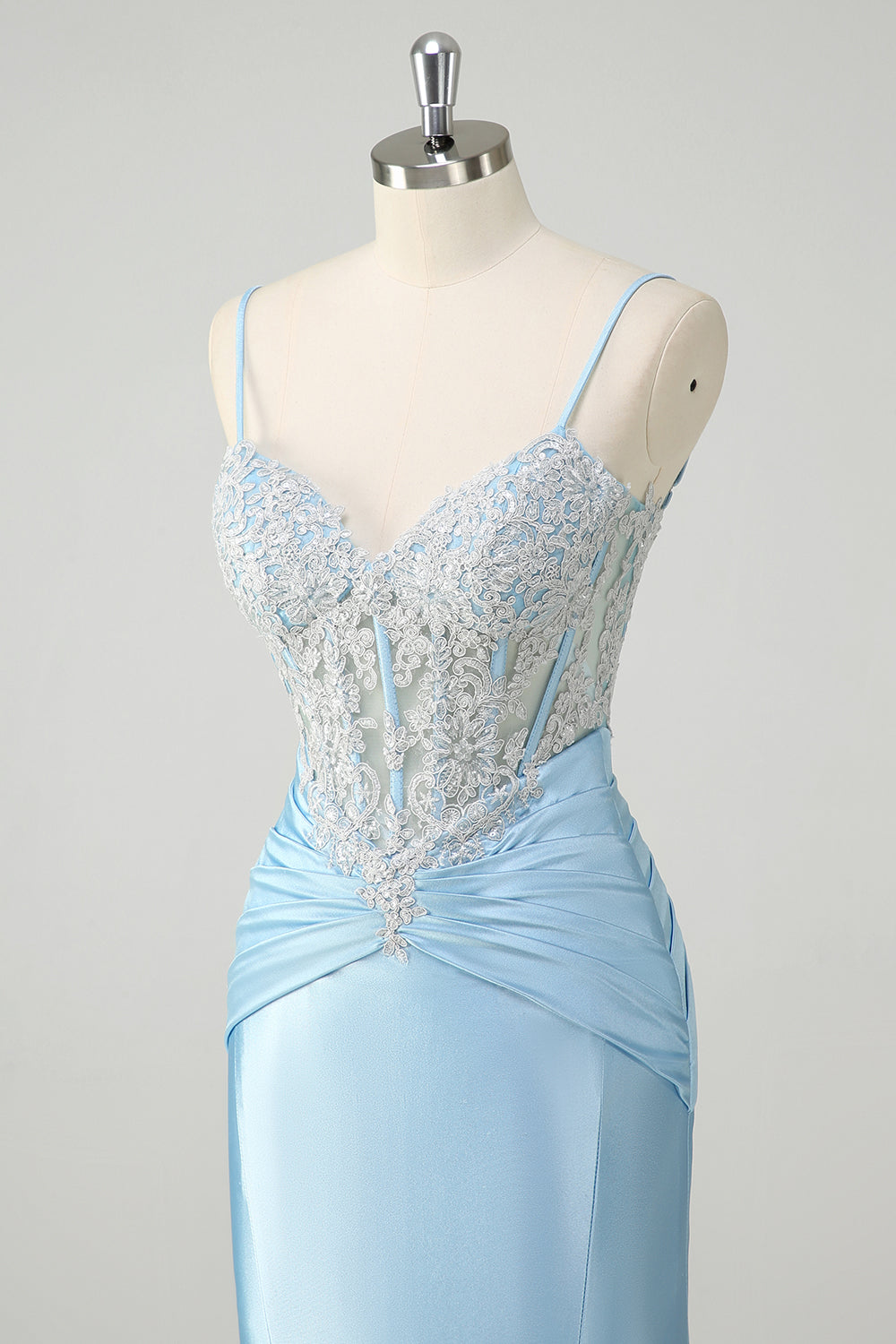 Blue Mermaid Spaghetti Straps Corset Appliqued Formal Dress