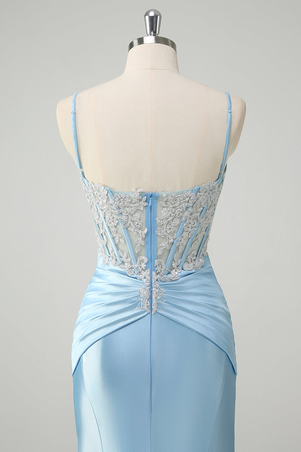 Blue Mermaid Spaghetti Straps Corset Appliqued Formal Dress