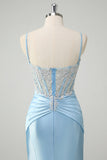 Blue Mermaid Spaghetti Straps Corset Appliqued Formal Dress