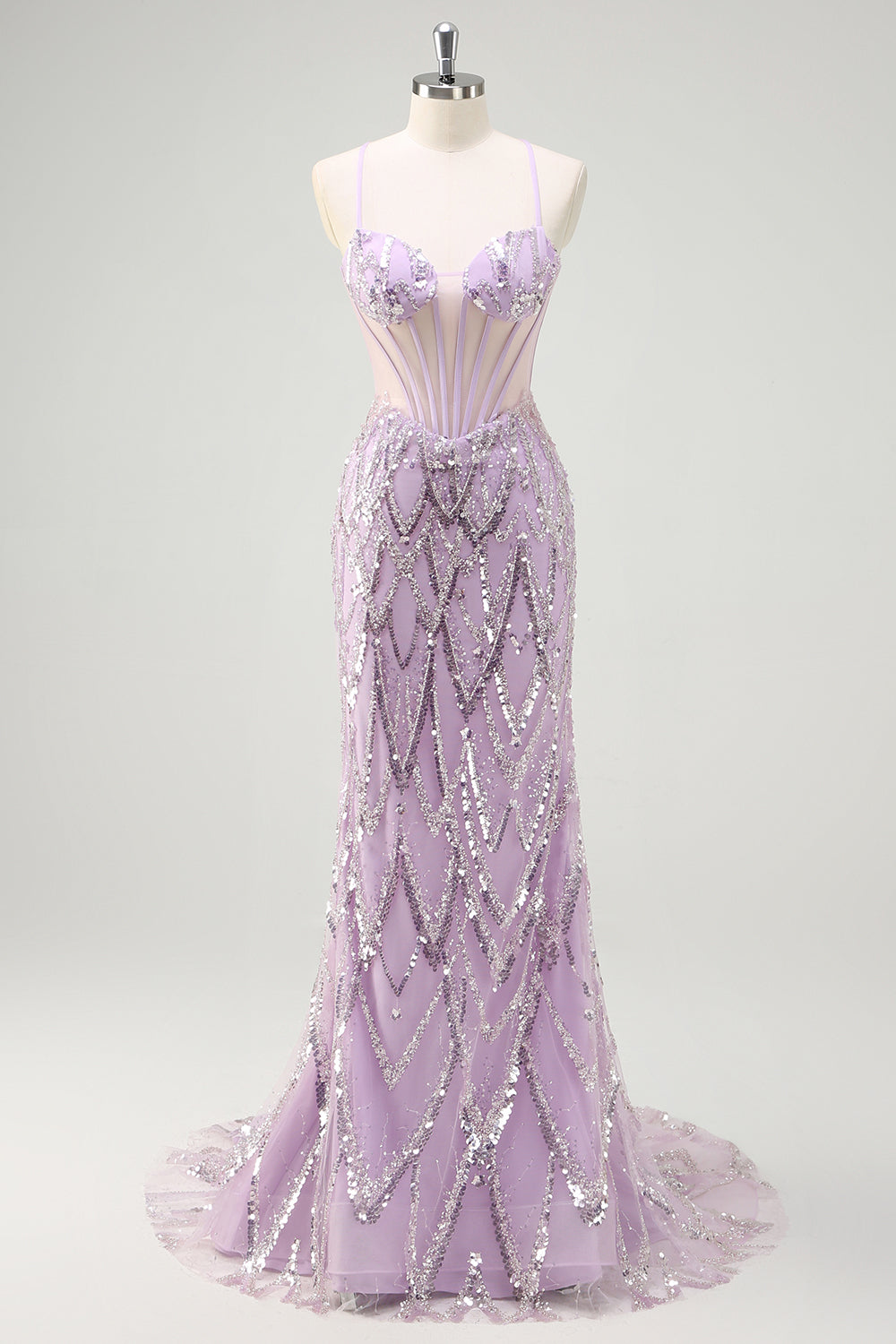 Lilac Mermaid Spaghetti Straps Corset Sequin Long Formal Dress