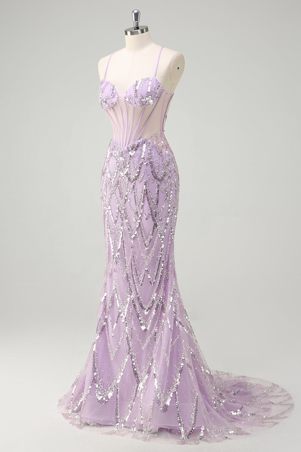 Lilac Mermaid Spaghetti Straps Corset Sequin Long Formal Dress