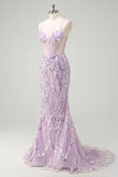 Lilac Mermaid Spaghetti Straps Corset Sequin Long Formal Dress