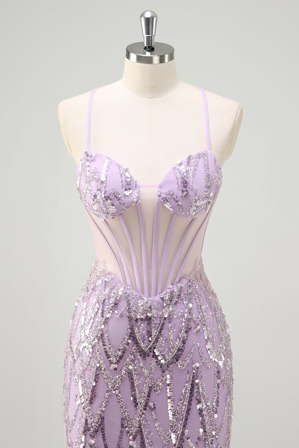 Lilac Mermaid Spaghetti Straps Corset Sequin Long Formal Dress