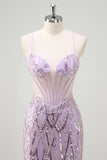 Lilac Mermaid Spaghetti Straps Corset Sequin Long Formal Dress