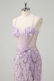 Lilac Mermaid Spaghetti Straps Corset Sequin Long Formal Dress
